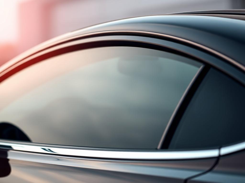 A hyper-realistic close-up shot of a car window featuring GeoShield C2 Ceramic window tint. The window should be the only subject in the image, showcasing the smooth, sleek finish of the ceramic film. The background should be softly blurred to emphasize the tint, capturing the essence of luxury and sophistication. The image should be shot with a 45mm f/1.2 lens style, highlighting the texture and quality of the tint while utilizing an rgb(50, 170, 39) primary color palette.