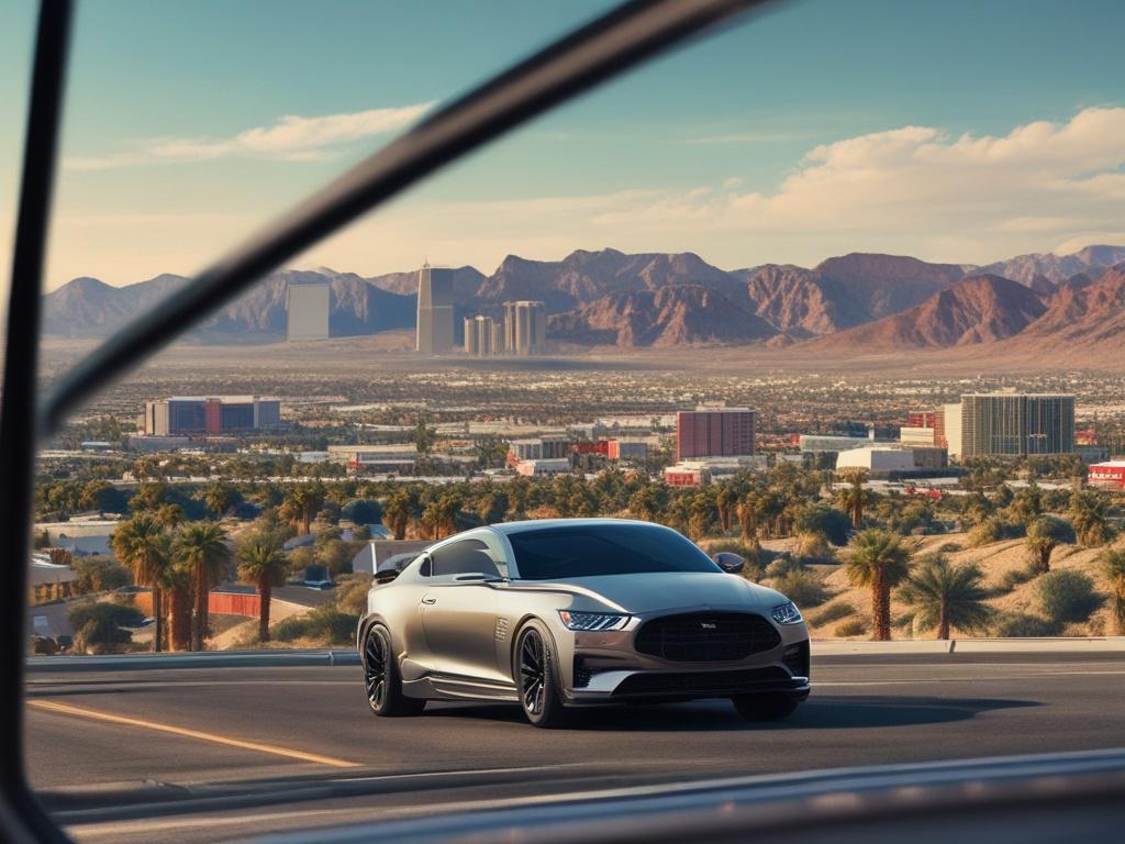 A close-up shot of a sleek, tinted car window reflecting the vibrant Las Vegas skyline. The image should highlight the clarity and quality of the window tint while showcasing the bright city lights in the background. The composition should focus solely on the car window, with the background slightly blurred to emphasize the tinting effect. The colors should be vivid, with an emphasis on the rgb(50, 170, 39) primary color.