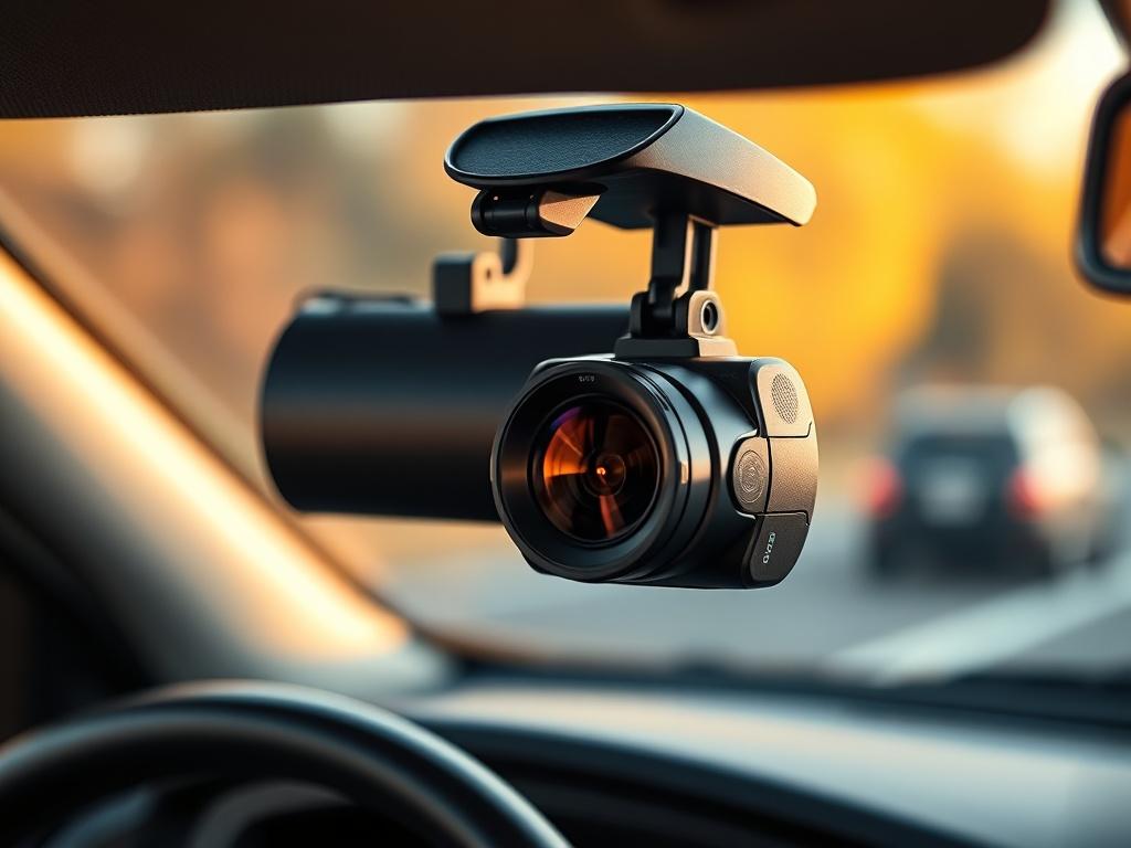 A high-resolution close-up shot of a premium dash cam mounted on a car windshield, showcasing its sleek design and advanced features. The background is softly blurred to keep the focus on the dash cam, with warm natural light illuminating the scene. The camera lens should be highlighted to emphasize its quality. The image composition should be simple, highlighting the product as the sole focus, with a color palette that harmonizes with rgb(50, 170, 39).