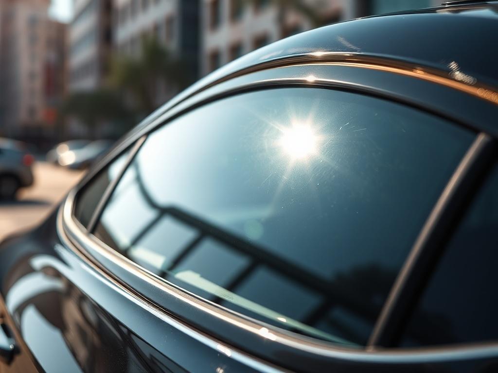 A close-up shot of the GeoShield Apex Ultra Super Ceramic window film applied to a sleek car window. The film showcases its glossy texture and perfect clarity, set against a blurred urban backdrop. The sunlight reflects off the surface, highlighting its heat-rejecting capabilities. The composition focuses purely on the window film, emphasizing its premium quality and sleek appearance, captured in high-resolution with vibrant colors.