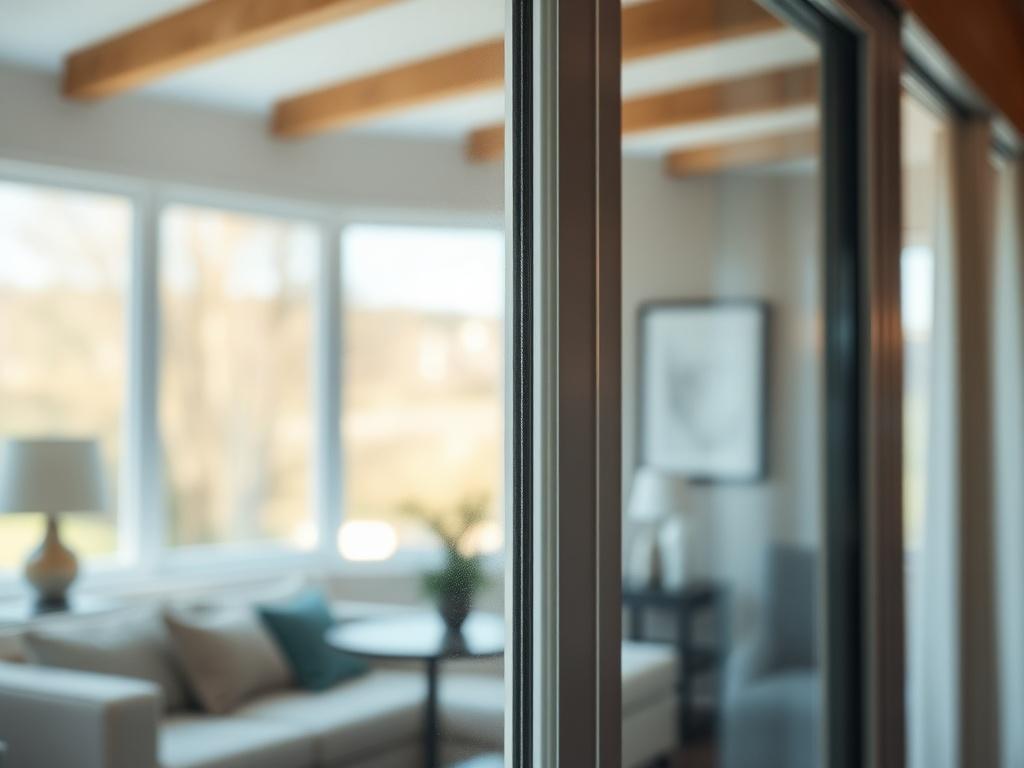 A close-up view of a beautifully tinted residential window showcasing the high-quality Llumar film. The image should capture the clarity of the glass while emphasizing the elegant look of the tinted film. A background of a well-decorated room with soft natural light filtering through the window should illustrate the comfort and style added by the tint.