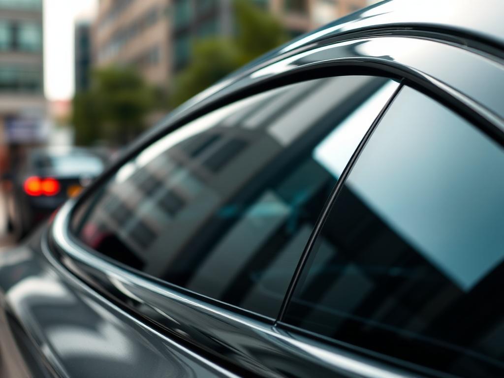 A close-up shot of a sleek, tinted car window showcasing the premium Llumar film applied. The focus should be on the clarity and shine of the tint, with a blurred urban background that suggests a modern city environment. The lighting should highlight the reflective quality of the film, conveying a sense of luxury and sophistication.
