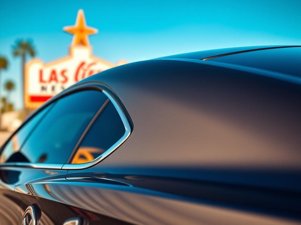 A sleek car with Llumar window tint, showcasing the reflective film in a sunny environment. The car is parked against a vibrant Las Vegas backdrop, focusing on the tinted windows with a soft bokeh effect in the background. The image highlights the quality of the tint and the car's stylish design, creating an enticing visual for potential customers. Shot with a 45mm f/1.2 lens to capture details and enhance the overall look.