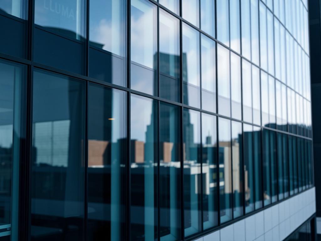A modern office building featuring Llumar window tint, showcasing the professional look of tinted glass. The image captures the building's sleek architecture with reflections of the surrounding cityscape. The focus is on the tinted windows, emphasizing their clarity and effectiveness. Shot with a 45mm f/1.2 lens to highlight the details and create a captivating visual for potential clients.