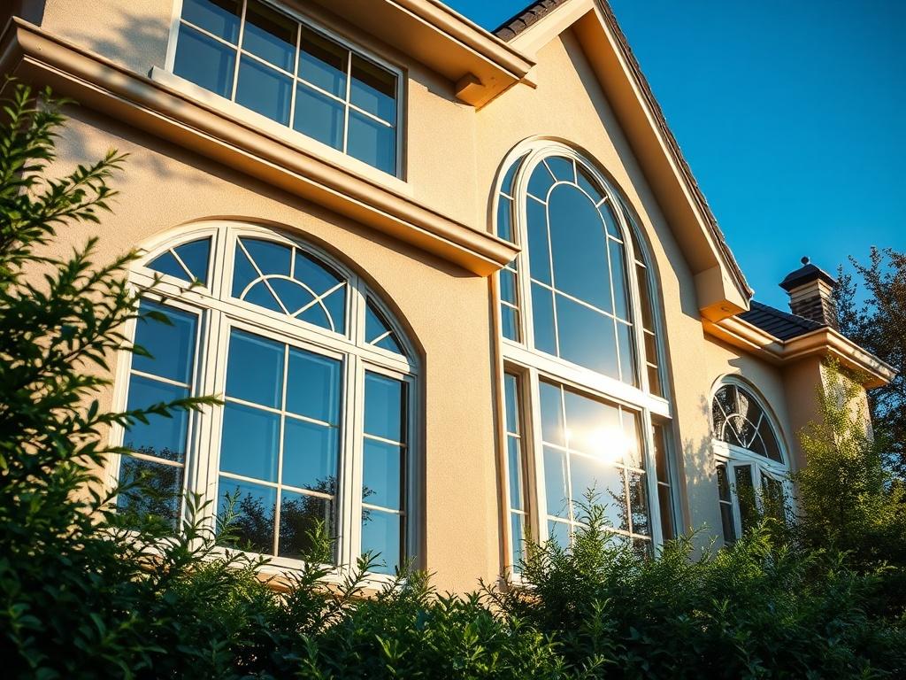 An elegant home with Llumar window tint, showcasing the tinted windows reflecting sunlight. The image focuses on the house's exterior, emphasizing the sleek look of the windows while surrounded by lush greenery. The background includes a clear blue sky to highlight the contrast and effectiveness of the tint. Shot with a 45mm f/1.2 lens to capture rich details and a warm ambiance.