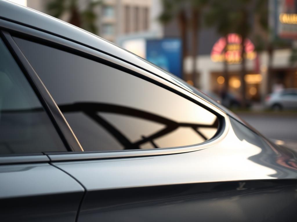 **AI Image Generation Prompt:**

Create a realistic high-resolution photo showcasing a close-up shot of a sleek modern vehicle's window with a ceramic window film applied. The ceramic tint should be visibly enhancing the aesthetic of the car while providing a sense of elegance and sophistication. Focus on the clarity and smooth finish of the ceramic film, highlighting its reflective qualities and the subtle tones that complement the vehicle’s exterior color. 

The background should be softly blurred to emph