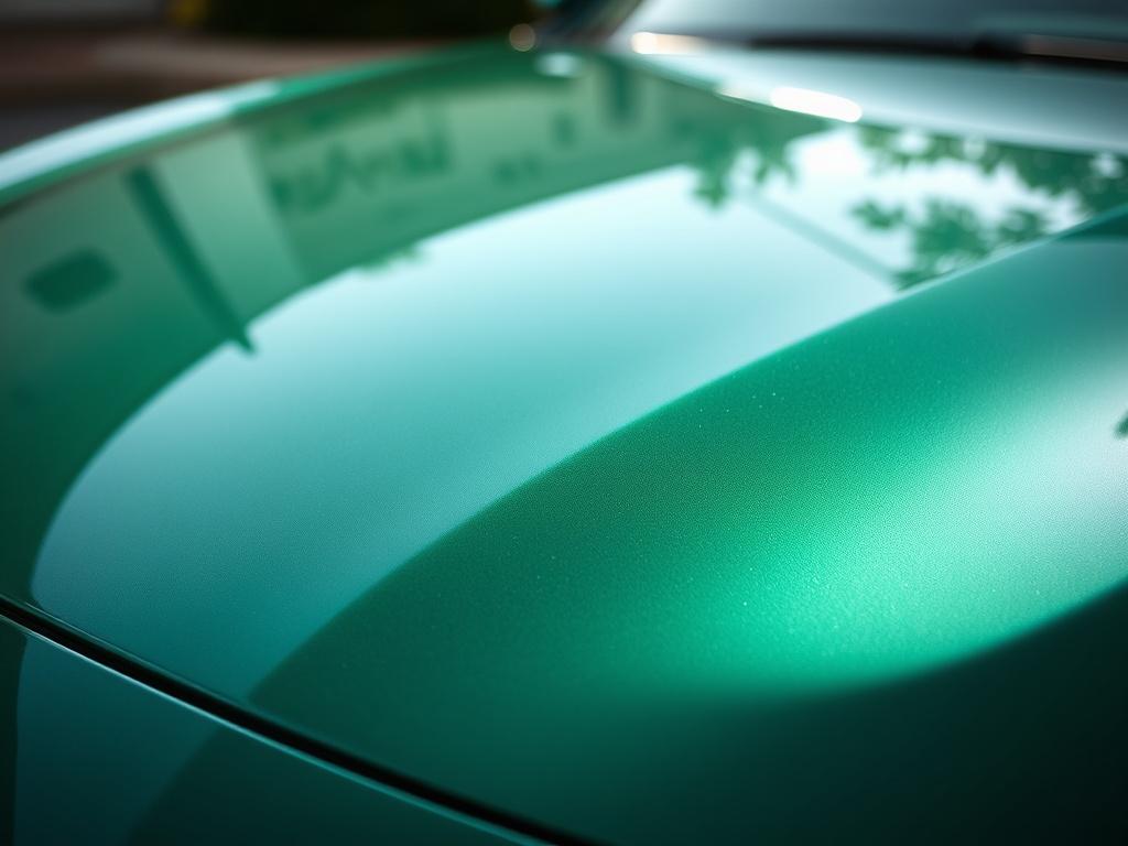 A hyper-realistic close-up shot of a vehicle's hood covered with GeoShield Ceramic Shield Paint Protection Film. The focus should be on the glossy surface of the film, showcasing its clarity and reflective properties. The background should be softly blurred to emphasize the film's detail, with a hint of natural light reflecting off the surface to highlight its protective qualities. The image should have a rich green accent to align with the primary color rgb(50, 170, 39), creating a vibrant yet professional