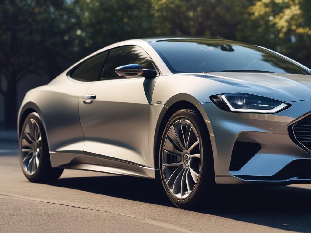 Create a realistic high-resolution photo of a car with newly installed GeoShield Ceramic Window Films. The focus should be on the car's side window, showcasing the sleek, tinted finish that highlights the film's quality. Use a close-up shot with a shallow depth of field, emphasizing the smooth texture of the tint and reflecting light subtly. The background should be blurred, suggesting an urban environment, while keeping the primary color rgb(50, 170, 39) in mind for the overall aesthetic.