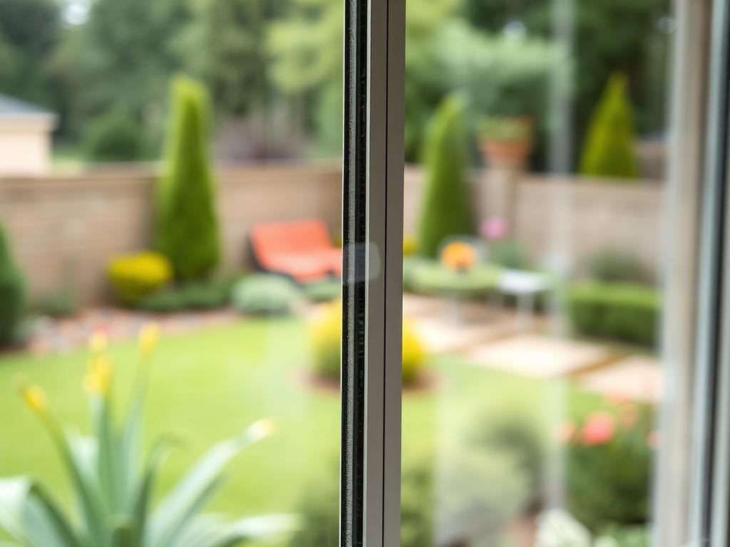 A close-up view of a residential window being tinted, highlighting the sleek application of the film. The background shows a beautifully landscaped garden, blurred to emphasize the window and the tinting process. The focus is sharp on the tinted window surface.