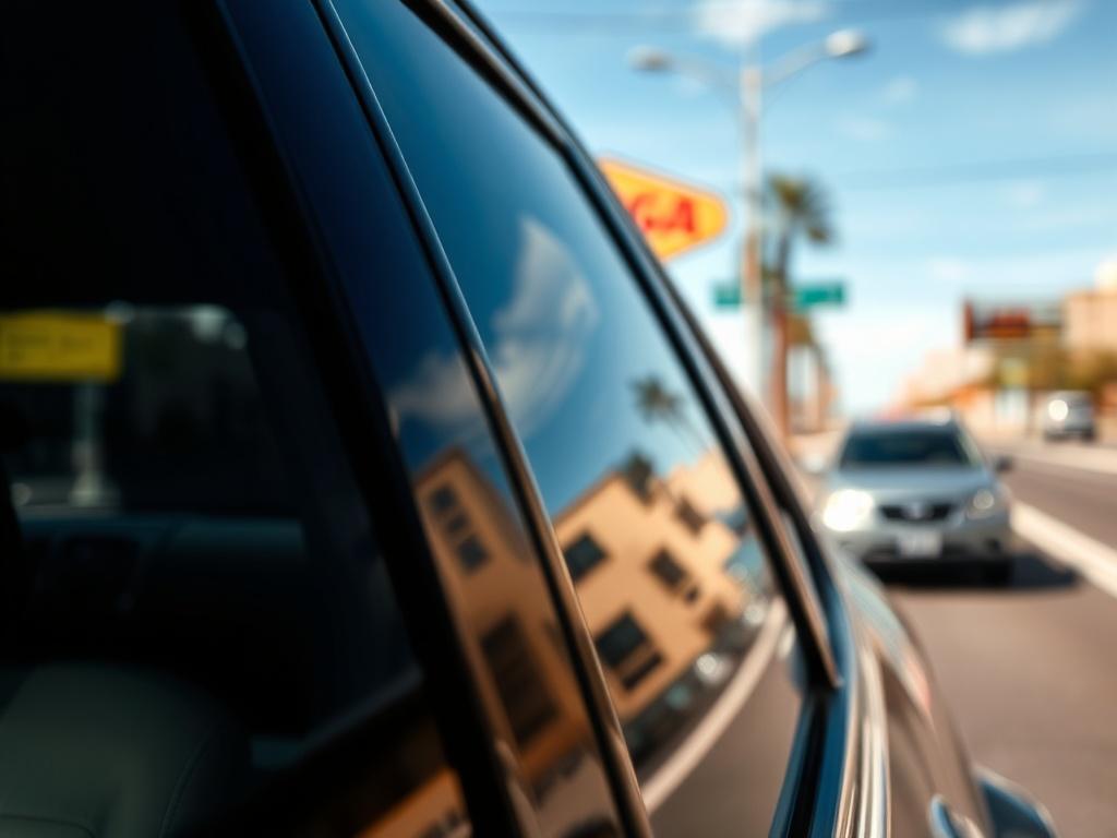 A close-up shot of a car window being tinted with a high-quality film, showcasing the smooth application process. The background is a blurred image of a sunny Las Vegas street, emphasizing the need for sun protection. The focus is on the tinted window with reflections of the surrounding environment.
