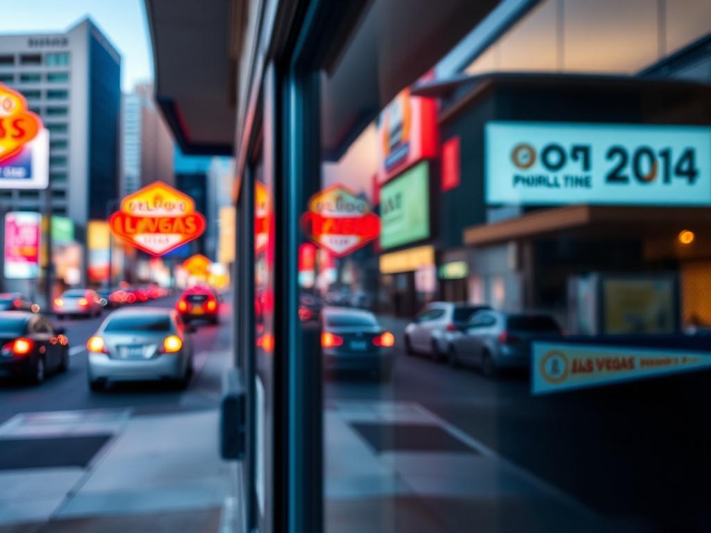 A close-up shot of a storefront window being tinted, capturing the precision of the film application. The background features a bustling Las Vegas street, slightly blurred to draw attention to the window tinting. The focus is on the tinting process, emphasizing the quality of the film being applied.