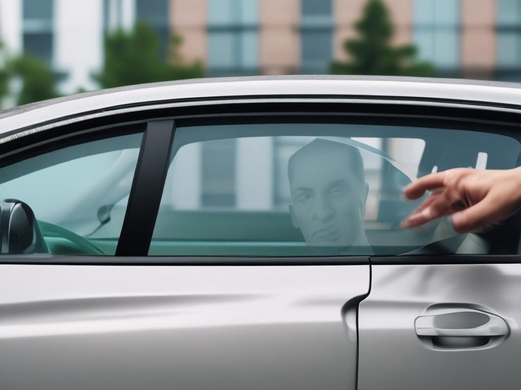 A close-up shot of a car window being tinted, showcasing the process of applying high-quality window film. The background should be softly blurred to emphasize the clear, sleek finish of the tinted glass. The lighting should highlight the reflective qualities of the tint, with a focus on the technician's hands applying the film meticulously.