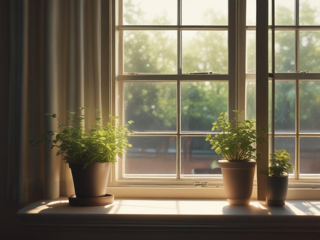 A close-up shot of a residential window featuring beautifully tinted glass, with sunlight streaming through. The background should include hints of a cozy living room, emphasizing the clarity and aesthetic appeal of the tinted windows. The focus should be on the smooth finish of the film, showcasing its effectiveness and elegance.