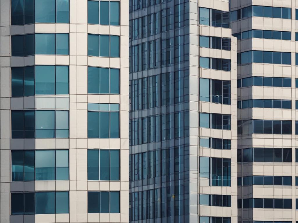 A close-up shot of a modern office building with tinted windows, reflecting the surrounding cityscape. The focus should be on the clarity and sleekness of the tinted glass, with subtle reflections adding depth. The background should be slightly blurred to highlight the window's quality, showcasing its role in enhancing the commercial space.