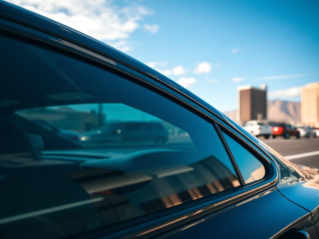 A close-up shot of a sleek car window featuring the STEK NEX SERIES Window Film applied. The film should look glossy and clear, showcasing its high-quality finish. Capture the reflection of a sunny Las Vegas skyline in the glass, highlighting the film's heat rejection capabilities. The background should be a blurred urban landscape, emphasizing the car and the window film as the main focus. Use hyper-realistic detail and ensure the image resonates with the rgb(50, 170, 39) primary color scheme.