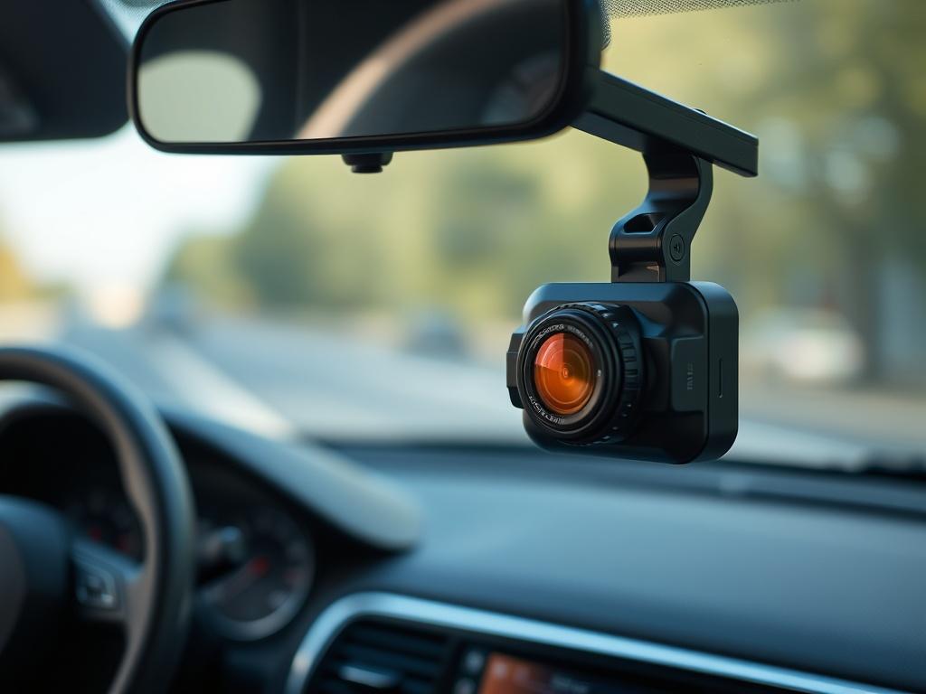 A sleek, high-resolution close-up of a premium dash cam mounted on a car's windshield. The dash cam should be the only subject, clearly showcasing its design and features. The background should be softly blurred to emphasize the dash cam, with natural light illuminating it. The image should reflect a modern aesthetic, capturing the essence of safety and technology, using the rgb(50, 170, 39) color as a subtle accent in the composition.