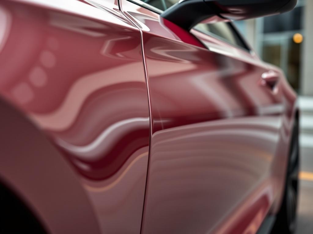 A close-up shot of a sleek, modern vehicle with a pristine paint finish, highlighting the clarity and gloss of the STEK DYNOSHIELD Paint Protection Film applied to its surface. The composition should focus solely on the vehicle's side panel, showcasing the film's seamless integration and protective capabilities. The background should be a soft, blurred urban environment, enhancing the vehicle's shine. The image should be rendered in hyper-realistic quality, captured with a 45mm f/1.2 lens style, emphasizing