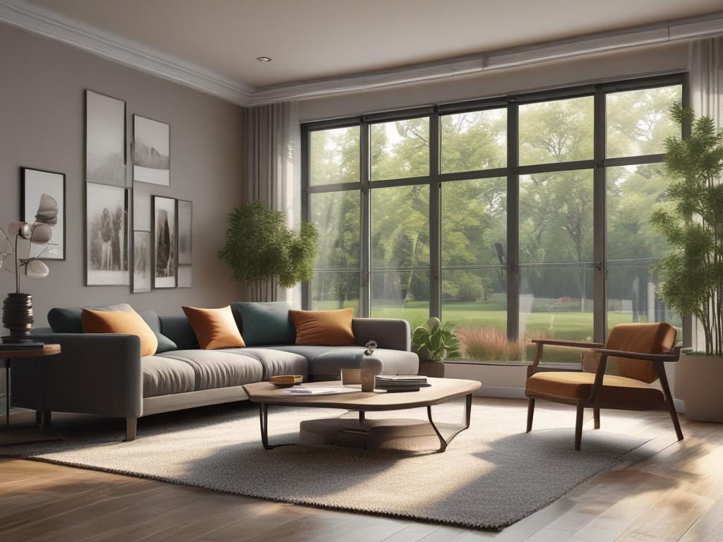 A close-up shot of a beautifully decorated living room with tinted windows, showcasing the clarity and elegance of the window film. The room should be well-lit with natural light, highlighting the contrast between the tinted windows and the vibrant interior. The background should be softly blurred to maintain focus on the window tint, using a hyper-realistic style and the primary green color.