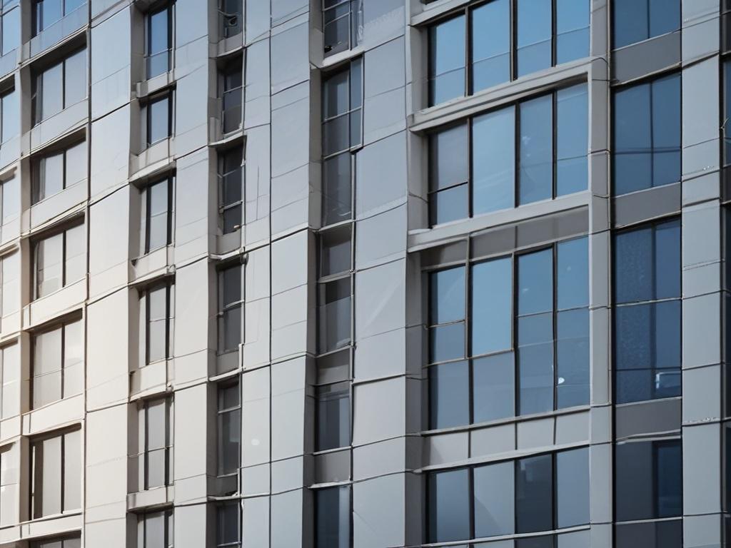 A close-up shot of a modern office building with sleek tinted windows, emphasizing the reflective quality of the window film. The exterior should display a professional and polished look, with a blurred city background to highlight the building. The image should be hyper-realistic, shot with a 45mm f/1.2 lens, incorporating the vibrant green primary color.