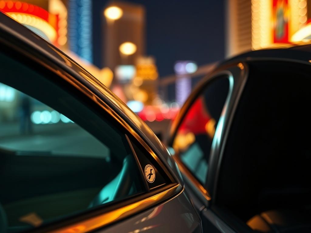 **AI Image Generation Prompt:**

Create a realistic high-resolution photo that visually represents the theme of "Ceramic Tint VS Carbon Tint" for FilmPro Las Vegas Premium Window Tinting. The composition should be simple and clear, focusing solely on one subject: a close-up view of two car windows, each showcasing a different type of window tint – one side exhibiting a sleek, glossy ceramic tint and the other displaying a distinctive carbon tint. 

The ceramic tint side should reflect a modern, polished app