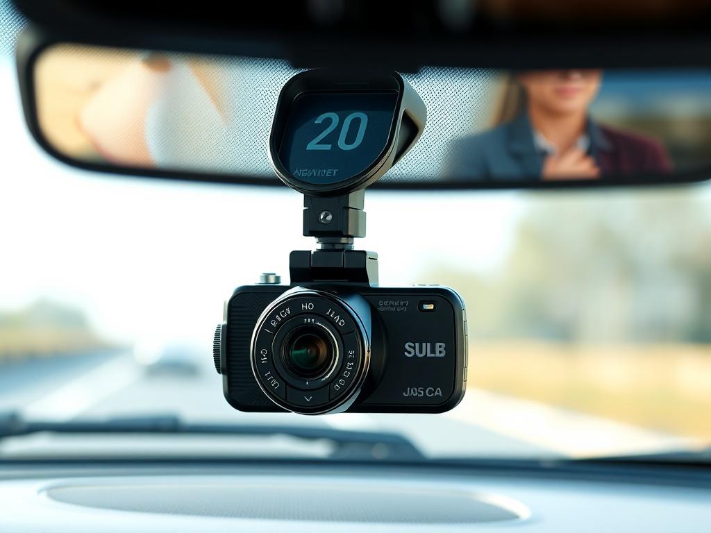 A close-up shot of a sleek, modern dash camera mounted on the windshield of a car. The dash cam is the focal point, showcasing its design and features in high detail. The background is softly blurred to ensure the dash cam stands out. The lighting is bright and natural, highlighting the camera's polished finish. The image should evoke a sense of safety and innovation, emphasizing the importance of having a dash cam for every driver.