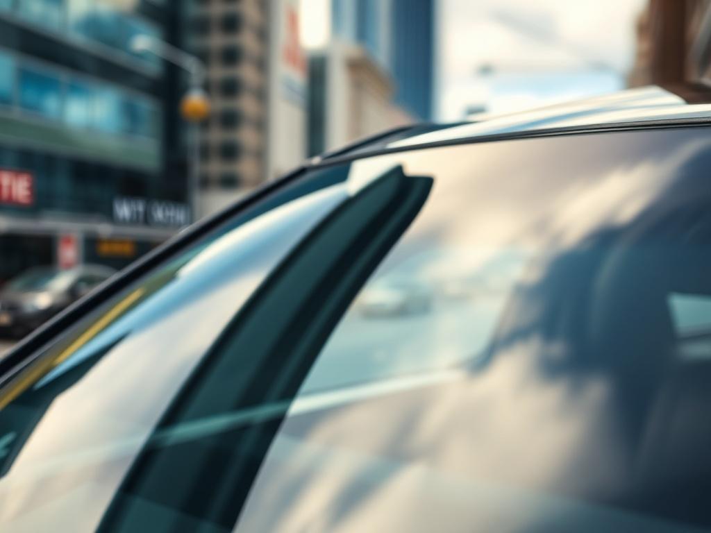 A hyper-realistic close-up shot of a car windshield with STEK VISION 70 Windshield Film applied. The film should be glossy and reflect the light beautifully, showcasing its clarity and sleek look. The background should be a blurred cityscape, emphasizing the product's urban application. The composition should be simple, focusing solely on the windshield with the film, captured with a 45mm f/1.2 lens for a shallow depth of field.