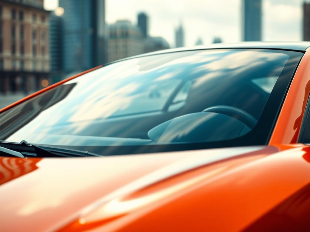 A close-up view of a luxury exotic car with a sleek, tinted windshield, showcasing the reflective quality of the tint. The background is a blurred cityscape, emphasizing the car's elegance and sophistication. The focus is on the windshield, capturing the interplay of light and reflections on the tinted surface, with a warm, inviting color tone that complements the primary color rgb(193, 153, 87).