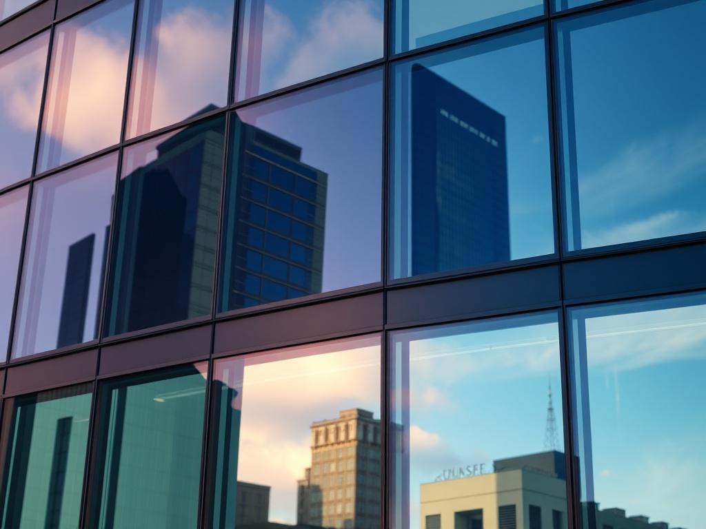 A close-up shot of a modern office building featuring large tinted windows, reflecting the surrounding skyline. The focus should be on the sleek design of the building and the clarity of the glass. The image should be captured with a 45mm f/1.2 lens style, highlighting the vibrant colors and the rgb(50, 170, 39) primary color.