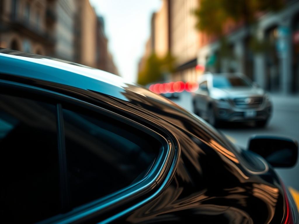 A close-up shot of a sleek car with tinted windows, highlighting the reflections and contours of the vehicle. The background should be a blurred city street, emphasizing the car’s stylish look. The image should be captured using a 45mm f/1.2 lens style, with vibrant colors that complement the rgb(50, 170, 39) primary color.