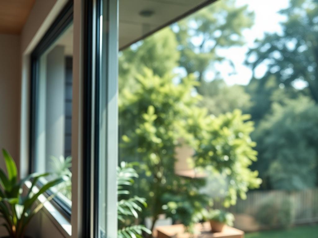 A close-up shot of a beautifully tinted window in a modern home, showcasing the sleek design and the play of light through the tinted glass. The background should feature lush greenery outside, creating a serene atmosphere. The image should be captured with a 45mm f/1.2 lens style, emphasizing the clarity and vibrancy of the colors, including the rgb(50, 170, 39) primary color.