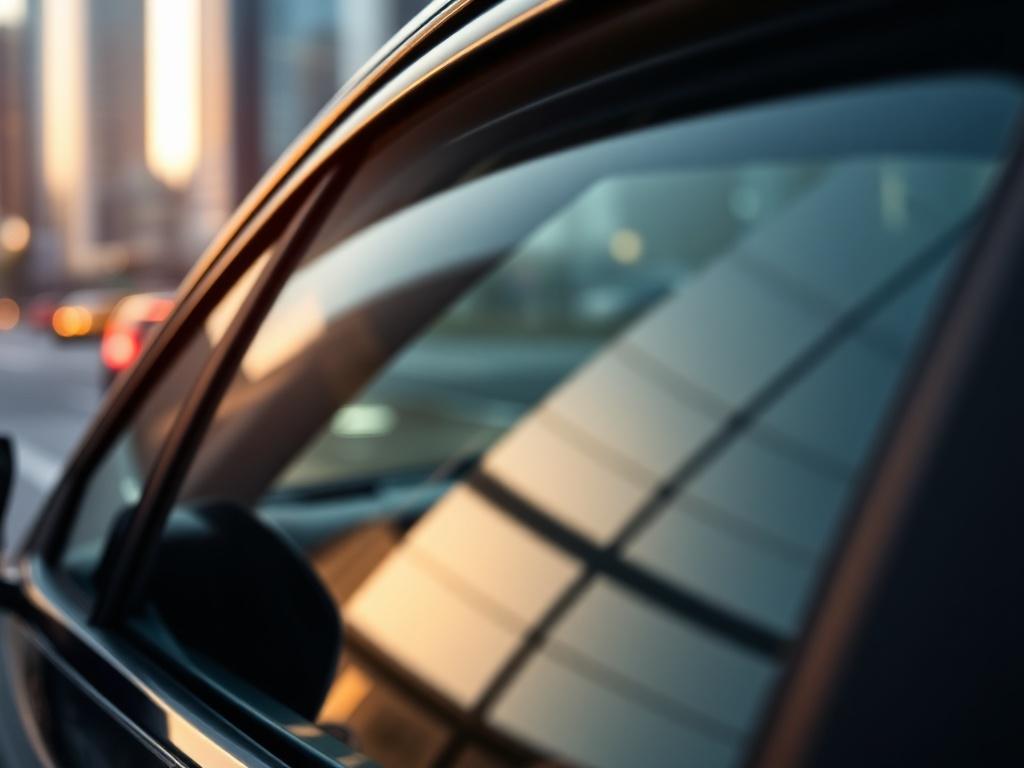 A close-up shot of a car window featuring Nano-Carbon window tint. The film is visibly sleek and dark, elegantly reflecting light. The background showcases a blurred cityscape, emphasizing the modern urban aesthetic. The image should be hyper-realistic, captured with a 45mm f/1.2 lens style, focusing on the subtle textures of the film and the smooth glass surface.