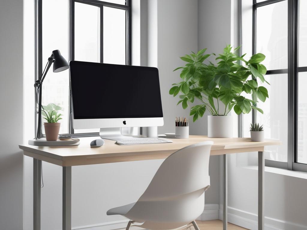 A serene and minimalist workspace featuring a single plant, clean