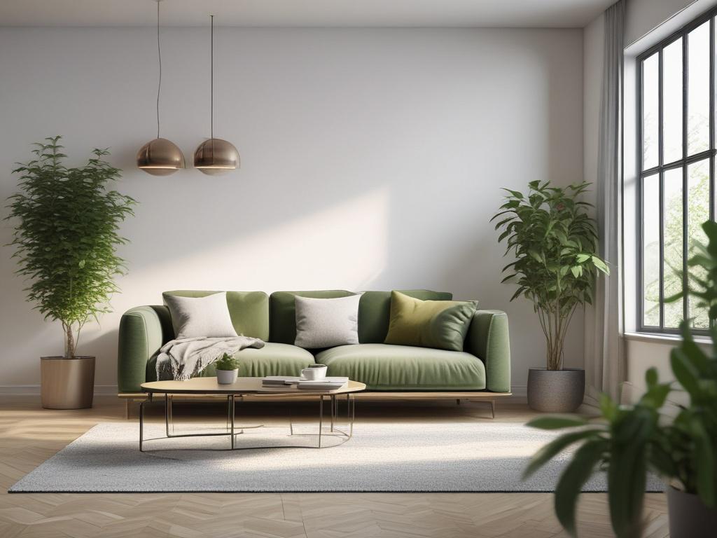a minimalistic home with green plants, clean lines, soft natural