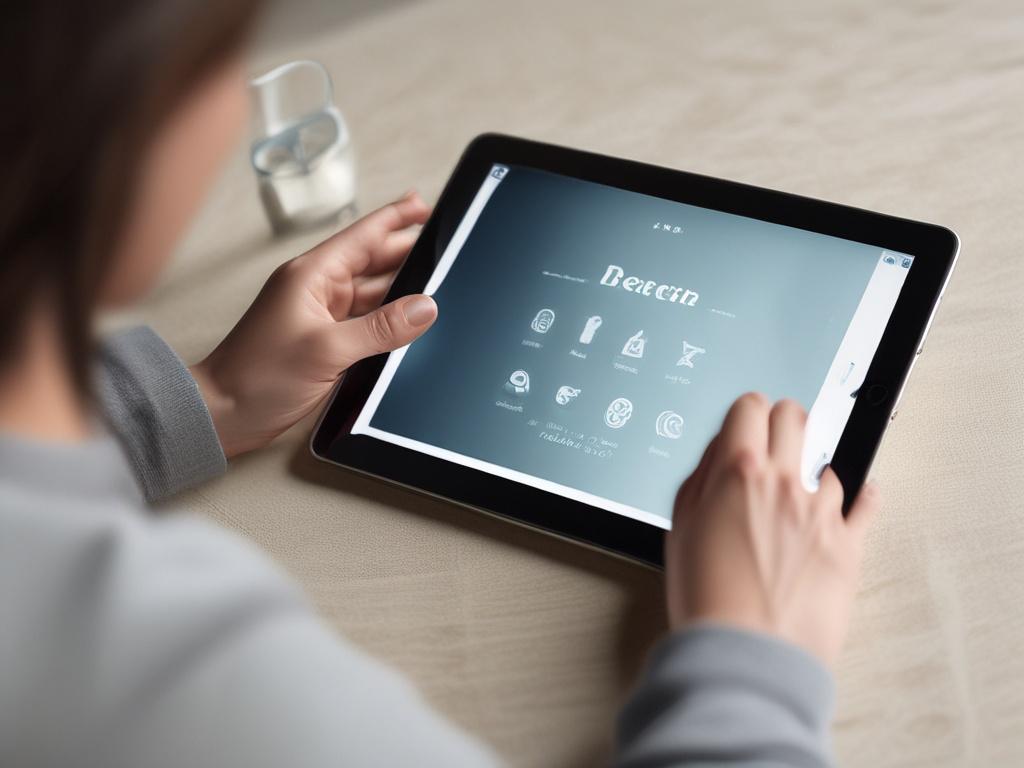 a person using a tablet in a cozy, minimalistic setting,