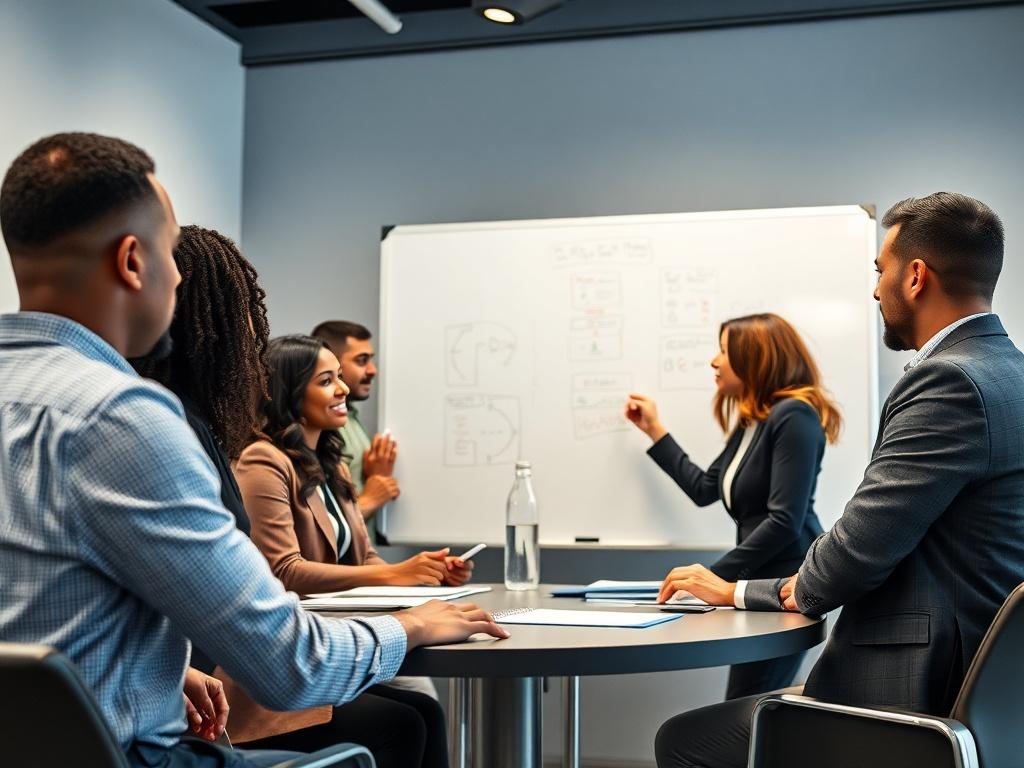 A hyper-realistic close-up shot of a diverse group of professionals in a modern conference room, discussing business strategies. The image should portray a sense of collaboration and innovation, with a focus on a whiteboard filled with notes and diagrams. The lighting should be bright and inviting, emphasizing the team’s engagement and the professional environment. The background should be simple and uncluttered, allowing the viewer to focus on the group dynamics.
