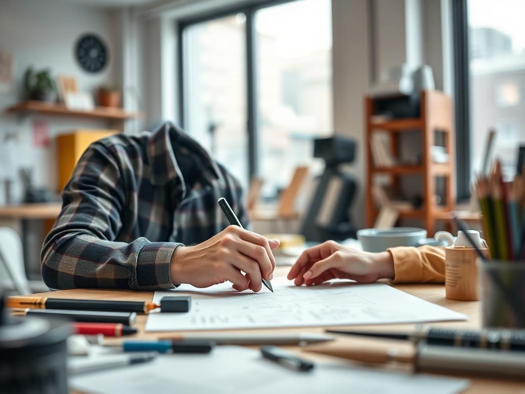 A hyper-realistic close-up shot of a product designer working on a prototype in a bright, modern studio. The designer should be focused on sketching and refining the product concept, surrounded by materials and tools. The image should convey creativity and craftsmanship, with vibrant colors and textures visible in the background. The lighting should enhance the details of the workspace, showcasing the designer's passion and dedication to the project.