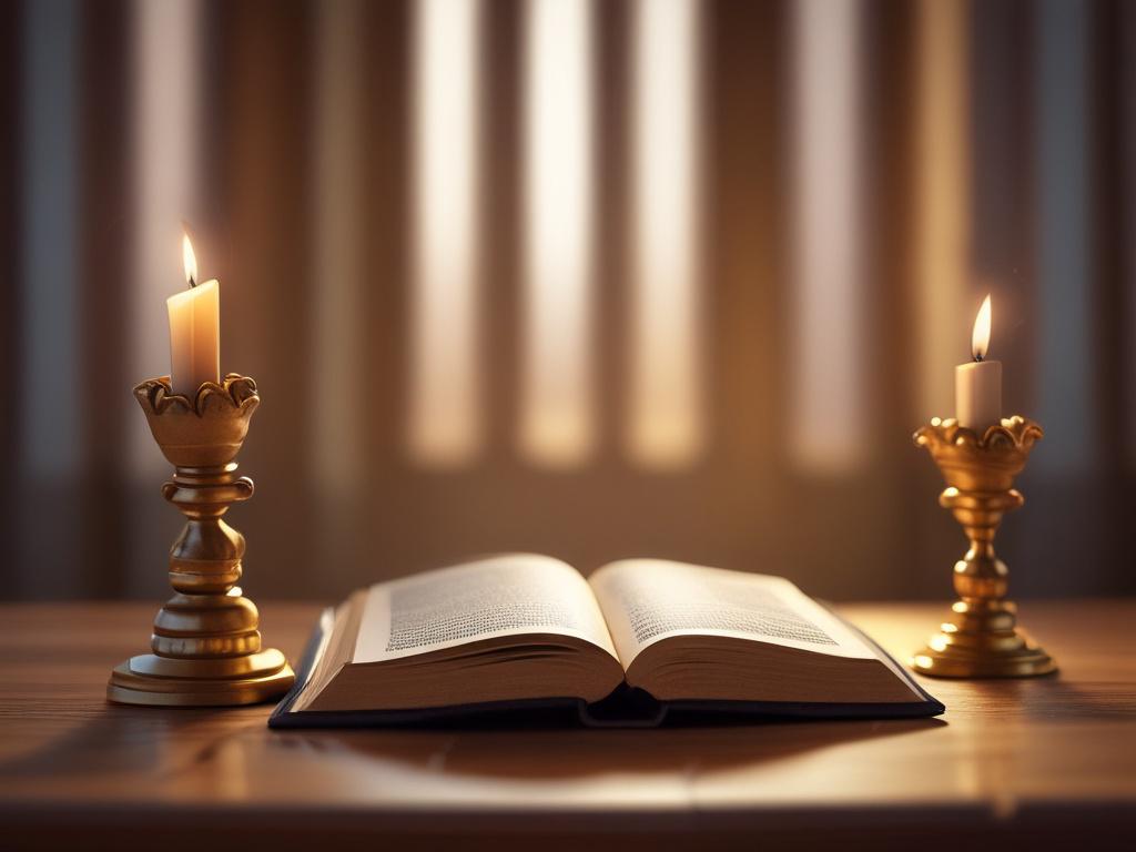 A serene digital altar scene, featuring a warm and inviting ambiance. The focal point is a golden light emanating from an open Bible, symbolizing the Word of God. Surrounding the Bible, soft candles flicker gently, casting a warm glow. The background is a blurred image of a peaceful sanctuary, enhancing the feeling of tranquility and divine presence. The color scheme incorporates shades of purple to align with the rgb(135, 99, 209) primary color.