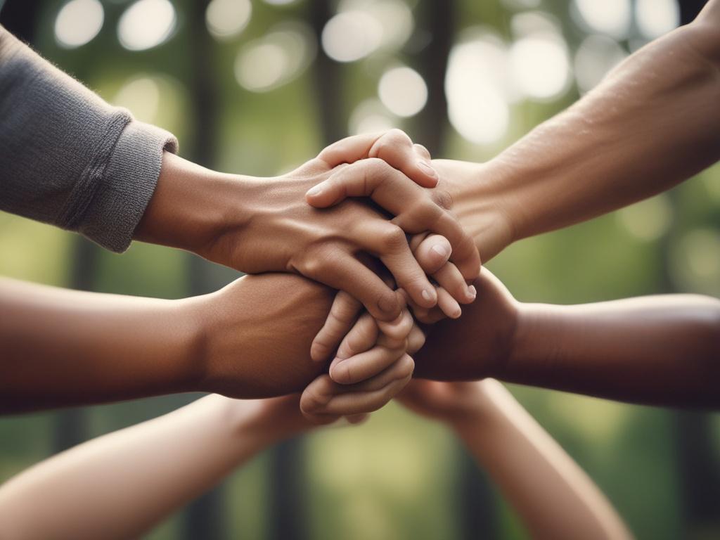 A warm, inviting close-up of diverse hands coming together in unity, symbolizing fellowship and community. The background features softly blurred elements of nature, creating an uplifting and harmonious atmosphere.