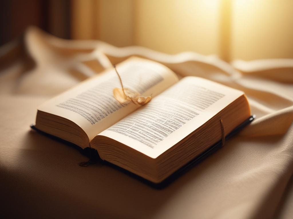 A close-up of an open Bible with warm, golden light streaming onto the pages. The background shows softly blurred elements indicative of a peaceful and spiritual environment, creating a focus on the Scriptures.