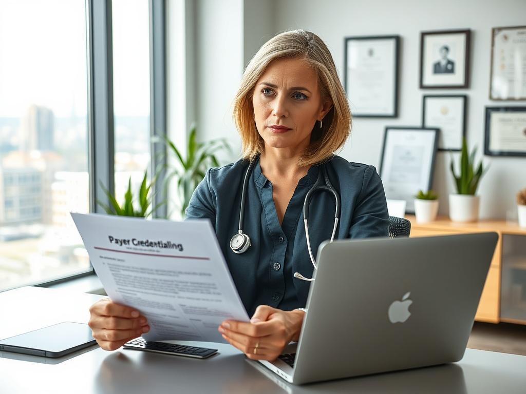 **AI Image Generation Prompt:**

Create a realistic high-resolution photo that encapsulates the theme of relocating a healthcare practice and the importance of payer credentialing. The image should prominently feature a confident healthcare provider, ideally a middle-aged woman in a professional attire, thoughtfully reviewing a document titled “Payer Credentialing” in a modern and bright office setting. She should be seated at a sleek desk with a laptop open beside her, allowing for an environment that emph