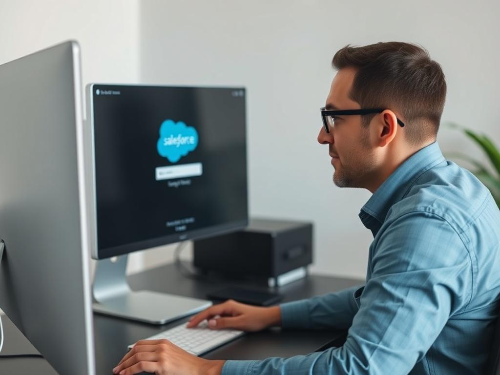A close-up shot of a person sitting at a modern desk, focused on a computer screen displaying the Salesforce login page. The background is minimalistic, featuring soft, neutral tones to enhance the subject. The person is engaged, with a thoughtful expression, showcasing the importance of technology in business management.