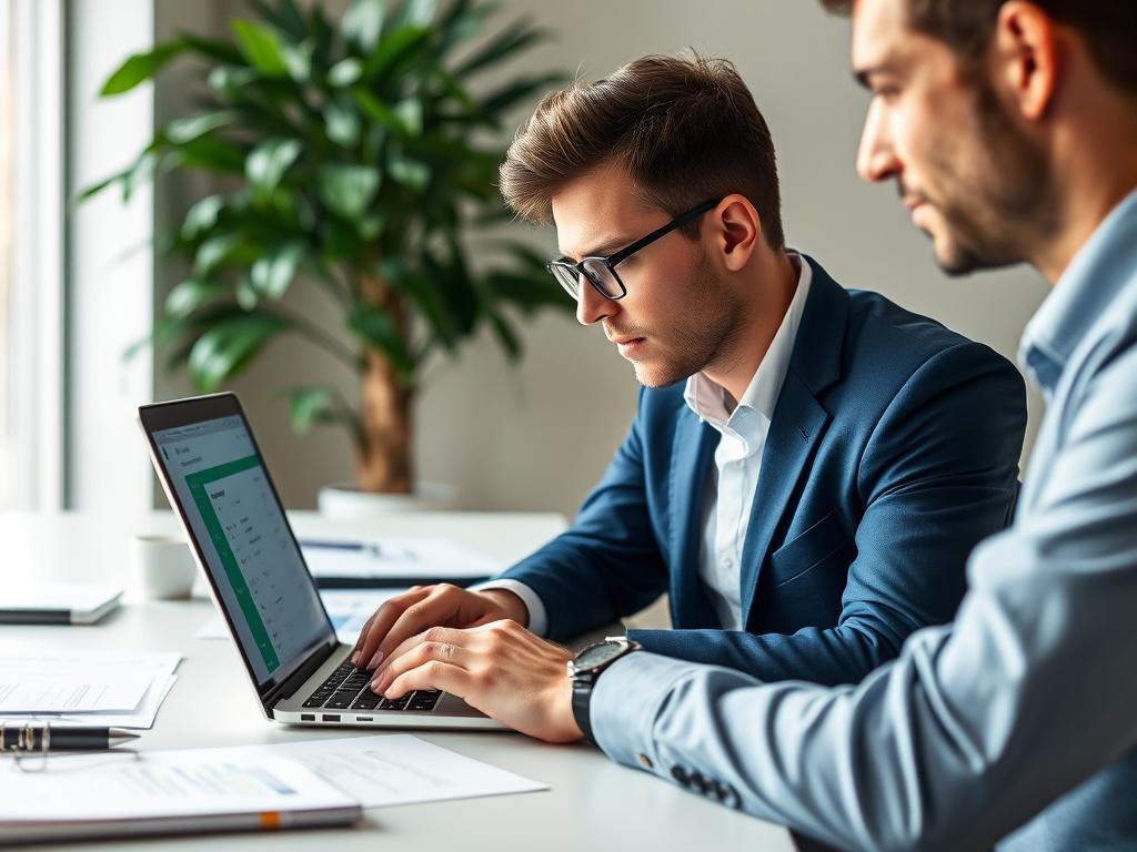 A professional accountant working on a laptop with QuickBooks Online open on the screen. The setting is a modern office with a clean desk, financial documents, and a plant in the background. Focus on the accountant, showcasing concentration and expertise, with soft natural lighting highlighting the workspace.