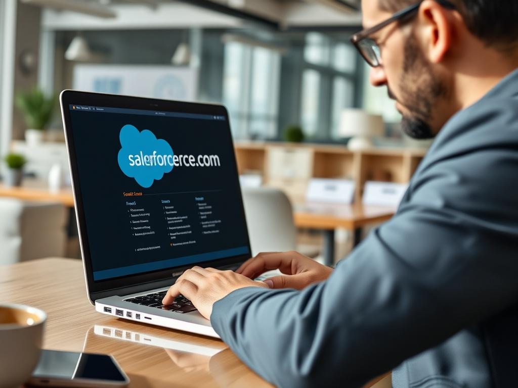 A close-up shot of a professional consultant working on a laptop, displaying Salesforce.com on the screen. The consultant is focused, wearing business attire, with a modern office background featuring a clean and organized workspace. The lighting is bright and natural, highlighting the consultant's engagement with the technology.