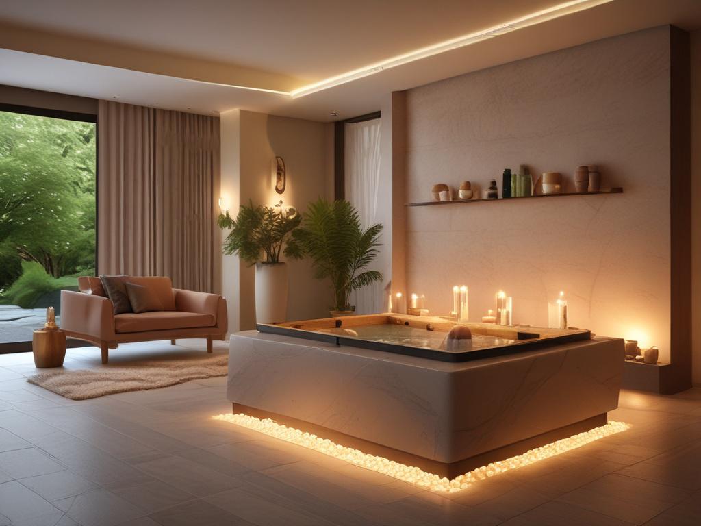 A serene and luxurious spa setting with soft candlelight, featuring