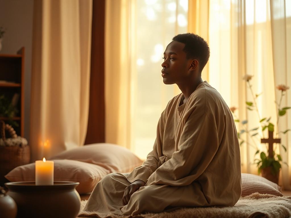 Create a realistic high-resolution photo that embodies the theme "Reviving True Worship: A Journey Within." The image should feature a single individual, a person of diverse descent, sitting in a serene, cozy indoor setting that promotes introspection. Position the subject slightly off-center, gazing contemplatively towards a soft-lit space, which could represent a window allowing warm, golden sunlight to filter through, casting gentle rays on their face. The individual should be dressed in modest, comforta
