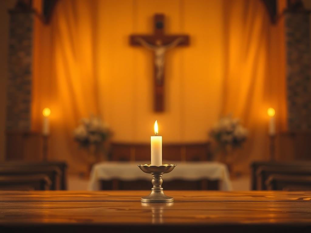 A serene worship setting, featuring a single glowing candle on a wooden altar, surrounded by soft golden hues and warm lighting. The background should be softly blurred, creating an inviting and peaceful atmosphere that reflects a place of worship.