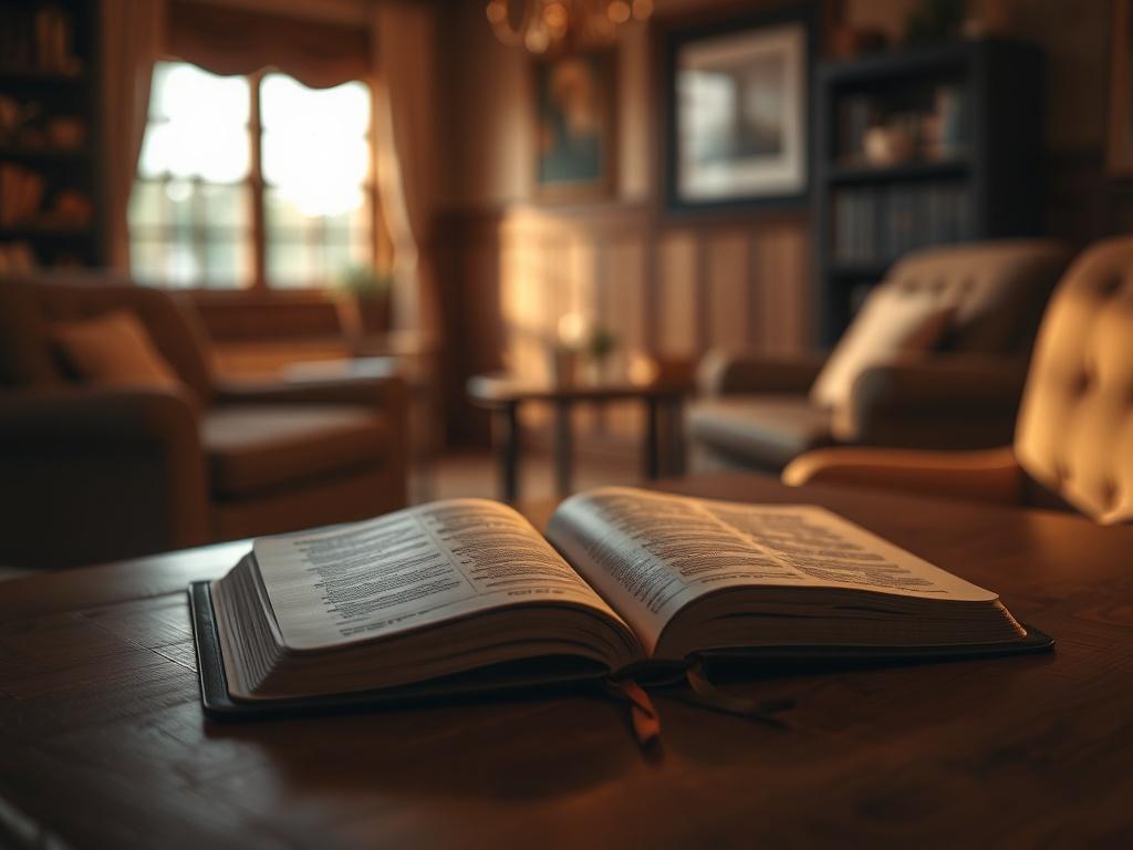 A cozy Bible study setting with an open Bible on a wooden table, illuminated by soft, warm light. The background features comfortable chairs and a serene atmosphere, inviting participants to engage in thoughtful discussion.