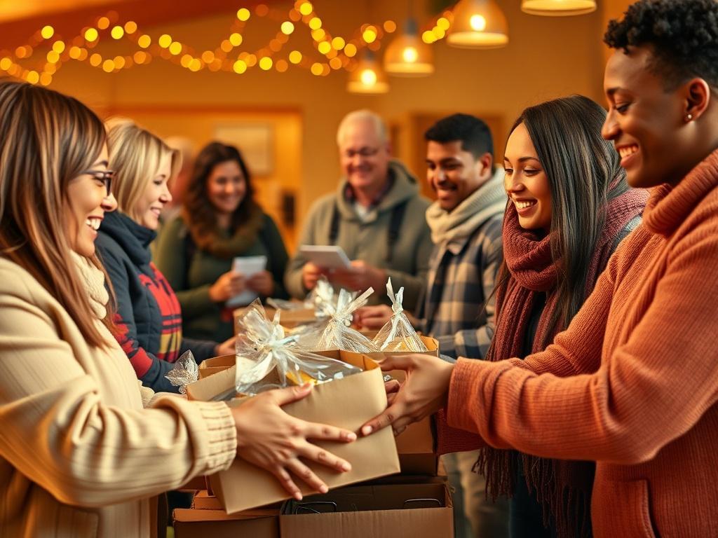 A heartwarming scene of community volunteers distributing food packages in a warm, golden-lit environment. The focus is on smiling faces and hands coming together to serve, embodying the spirit of outreach and compassion.