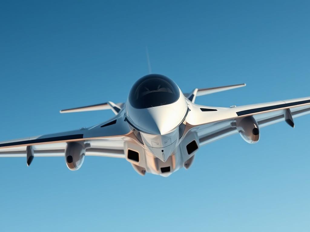 A close-up shot of a futuristic aircraft in flight, showcasing advanced technology and innovation, with a clear blue sky in the background. The aircraft should have sleek lines and a modern design, symbolizing autonomy and accountability in aviation.