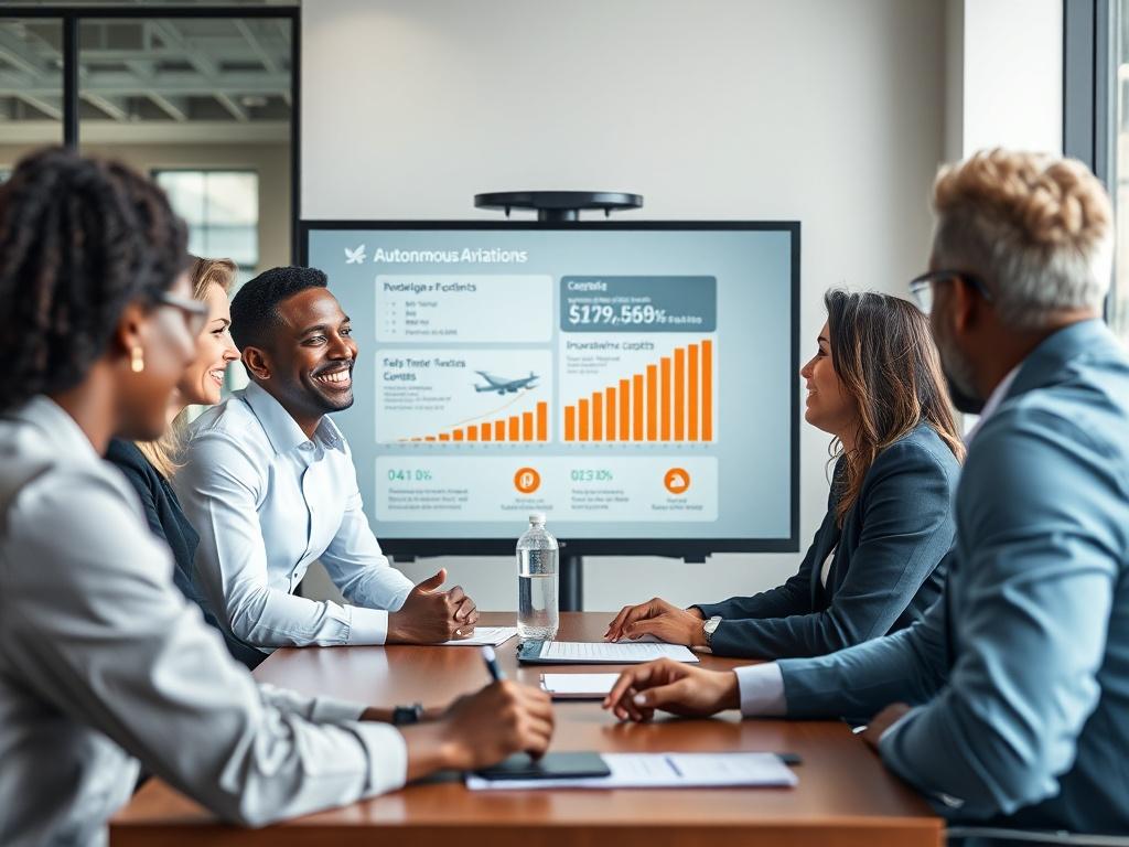 A close-up shot of a business meeting in progress, with diverse professionals discussing investment opportunities in a modern office setting. The focus should be on a presentation screen displaying financial projections and innovative concepts related to autonomous aviation. The image should convey a sense of collaboration and forward-thinking, captured in hyper-realistic detail with a 45mm f/1.2 lens.